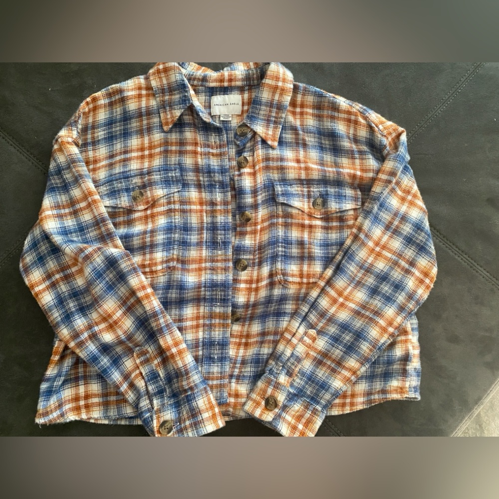 American Eagle Cropped Plaid Flannel Shacket Shirt Small